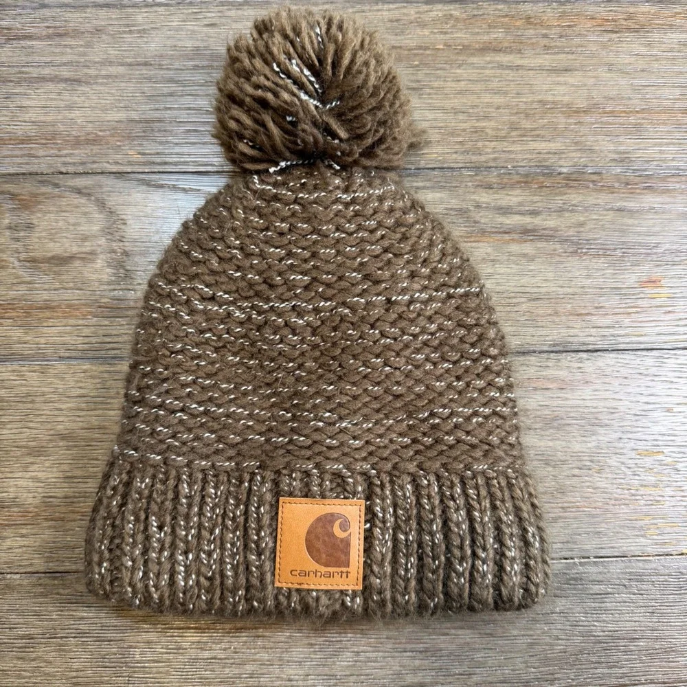 Carhartt Womens Brown Metallic Knit Fleece Lined Pom Beanie Hat AH5469-W OS